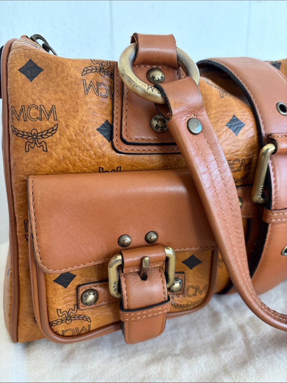 MCM Cognac Visetos coated canvas Logo Satchel w/2 Front Pockets - Picture 2 of 14